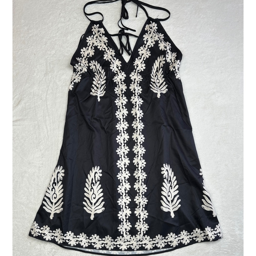 SHEIN Black Mini Dress with White Embroidered Floral Trim